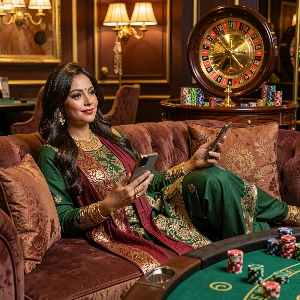 Confident Bangladeshi woman relaxing on a luxury sofa while using the 888ABET mobile casino app with a vibrant roulette background