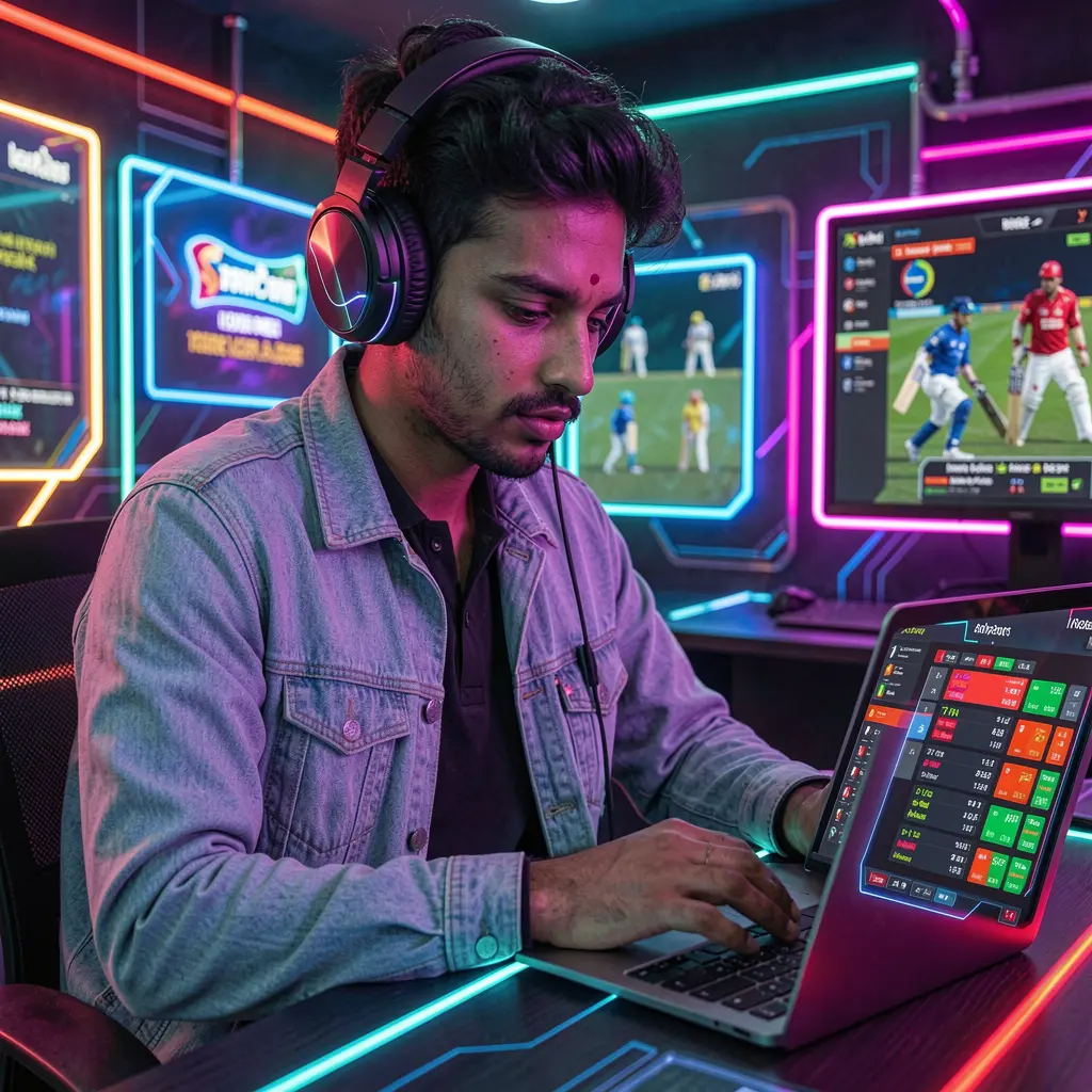 Stylish Bangladeshi player placing live cricket bets on a laptop with vibrant neon effects using the 888ABET betting platform