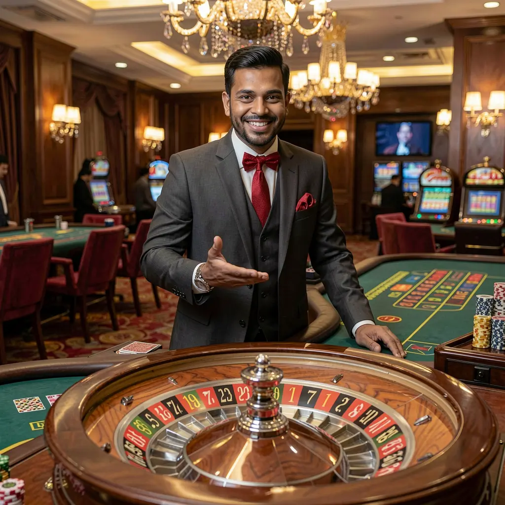 Elegant live casino dealer presenting a roulette table in a luxurious studio atmosphere, showcasing the premium live casino experience offered by 888ABET in Bangladesh