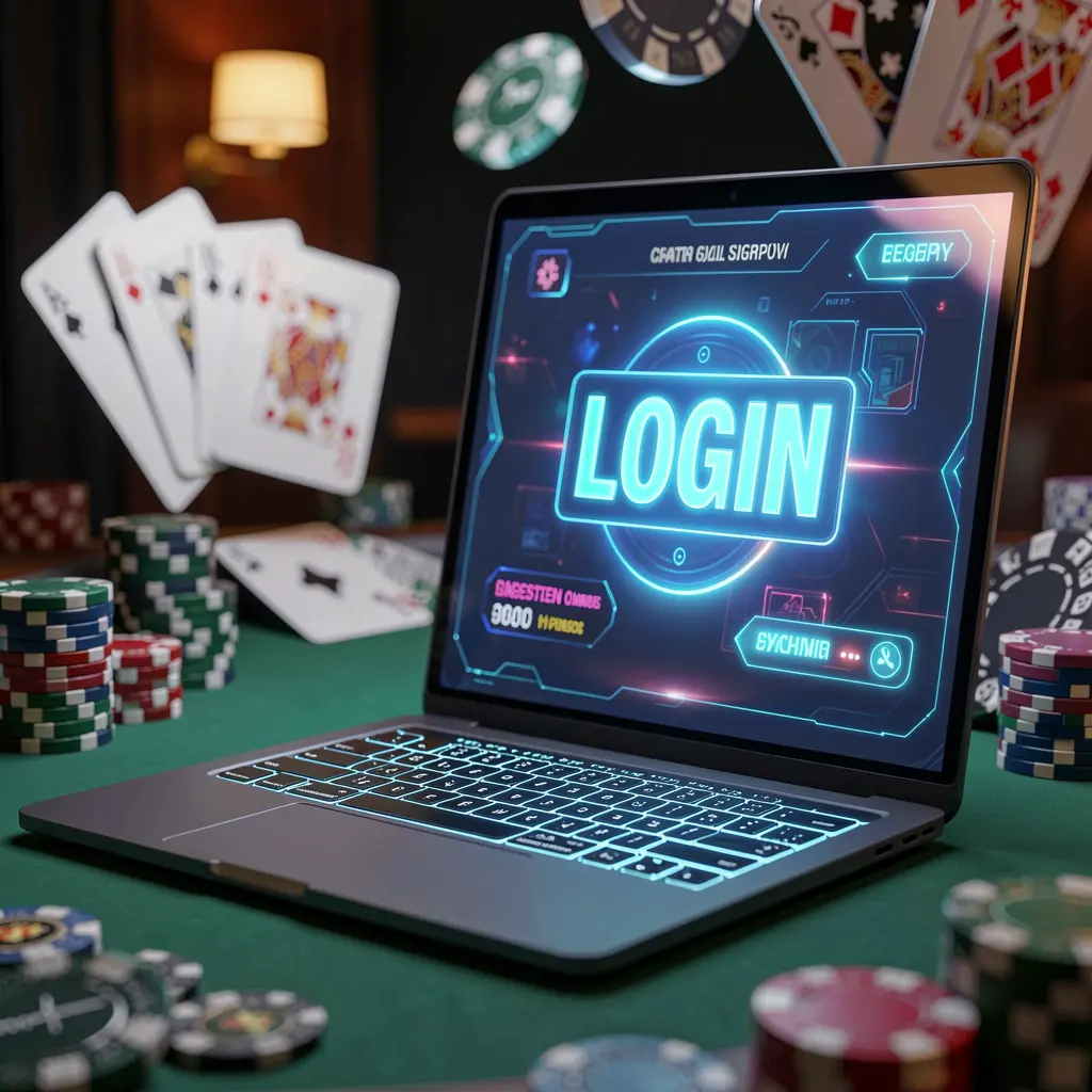 Modern laptop with a bright login interface surrounded by blurred casino chips and cards representing the secure 888ABET login experience for Bangladesh users