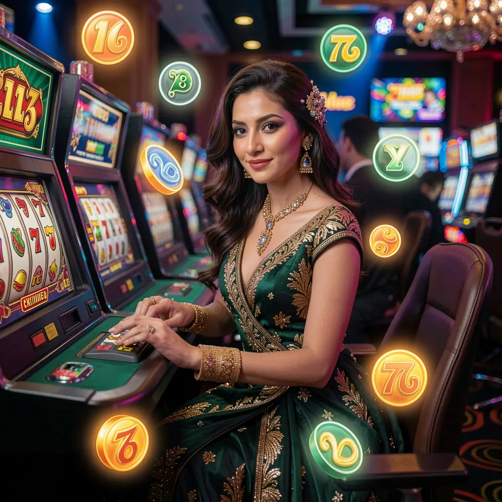 A glamorous woman in a sparkling red dress standing beside glowing slot machines with vibrant casino lights representing the premium casino atmosphere of 888ABET for players in Bangladesh